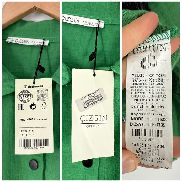 NWT Çizgin Button Front Fringe Hem Embroidered Blouse in Green | Medium - Picture 5 of 5